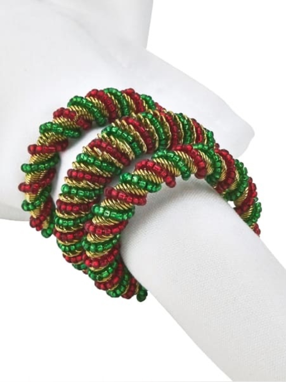 Red/Green Christmas Spiral Napkin Rings Beaded Set of 4 Brand New Made in India